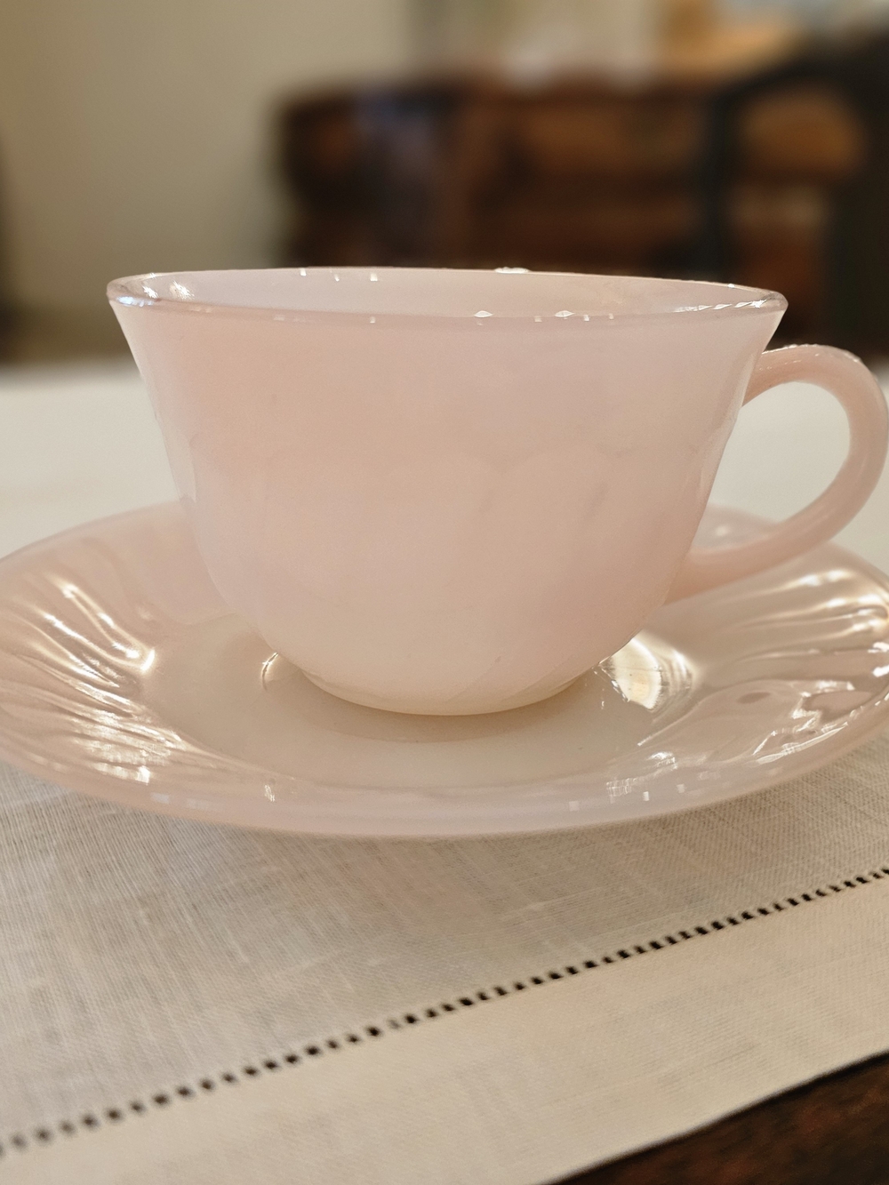 Vintage 50's Fire King Pink Swirl Coffee Tea Cup and Saucer Set Excellent